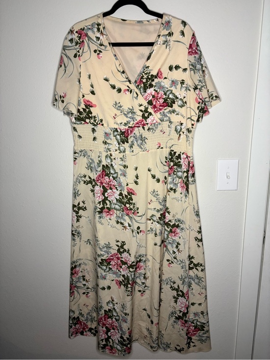 No Label Dresses & Skirts - Cream Floral Wrap-Style Midi Dress with Pink Rose Print